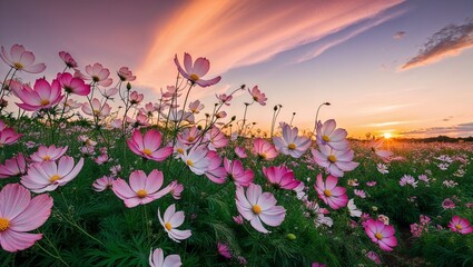 Obraz premium Vibrant pink cosmos flowers sway gently under a radiant sunset sky in an open field, showcasing natural beauty.