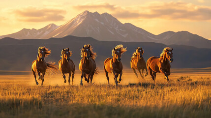 Fototapeta premium A group of wild horses running in a field with mountains in the background during the golden hour