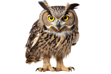 A close-up image of a majestic owl with piercing yellow eyes, its feathers detailed and sharp, standing on one leg against a white background