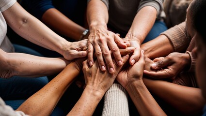 Various hands of different skin tones are stacked showing unity and togetherness in a diverse group.