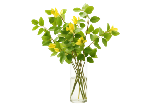 A classic arrangement of yellow roses in a tall, slender glass vase with a few green leaves, isolated on a clean white background