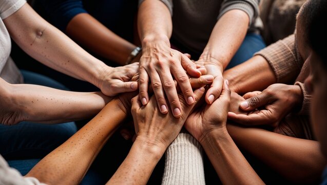 Various hands of different skin tones are stacked showing unity and togetherness in a diverse group.