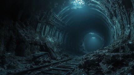 Railway tunnel with dim lighting and rocky walls