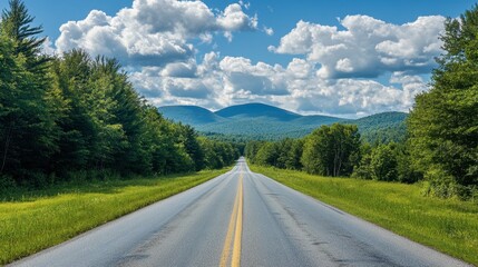 A straight asphalt road lined with green trees and mountains, under a bright sky with scattered, fluffy white clouds.