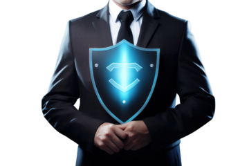A businessman holding a shield icon symbolizing data protection and cybersecurity isolated on white background