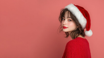 Japanese woman smiling in christmas wear and santa claus hat isolated on pastel