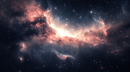 A stunning panoramic view of a distant galaxy with glowing nebula clouds and bright stars, capturing the vastness of the universe.
