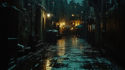 Obraz premium A deserted alleyway on a rainy night, with dimly lit lamps casting long shadows, and the sound of rain dripping from the rooftops 