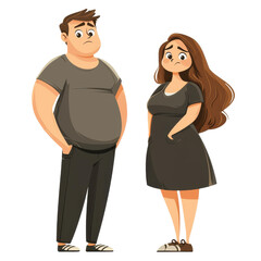 Obraz premium Two overweight teens sit unhappily against a plain backdrop, exuding low selfesteem and distress in a flat illustration.