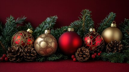 Obraz premium Christmas balls and gold ornaments on red background, holly leaves and pine cone, green pine tree branches