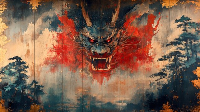 A fierce oni yokai standing guard at the entrance of a temple, painted in bold reds and blacks, contrasting with the delicate landscape around it 