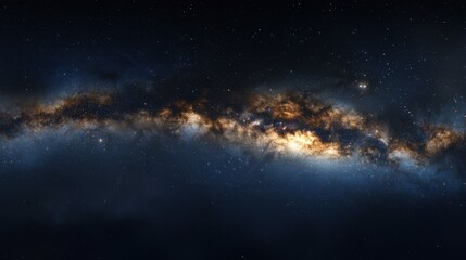 Obraz premium A wide panorama of the Milky Way galaxy with dense star clusters and dark cosmic voids, stretching across the night sky.