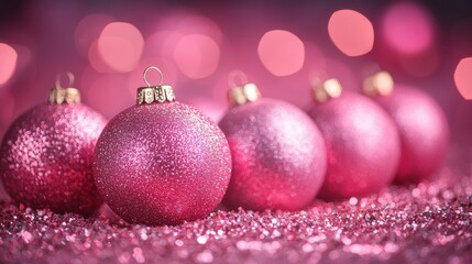 Fototapeta premium Sparkling Pink Christmas Ornaments on Glittery Surface, Christmas Background