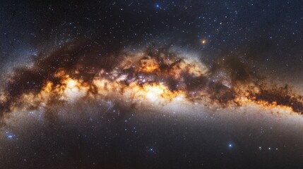 A wide panorama of the Milky Way galaxy with dense star clusters, glowing nebulae, and dark cosmic voids, stretching across the night sky.