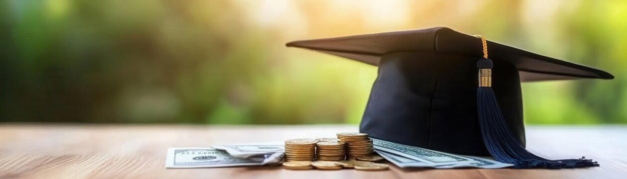 Graduation cap filled with money coins and bills representing scholarships and the rising cost of education Soft, warm lighting, emphasizing financial aid for students