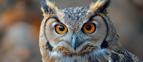 Close-up portrait of a long-eared owl with bright orange eyes looking directly at the camera.