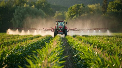 Fototapeta premium Capturing Agricultural Practices: A Tractor Spraying Pesticides on a Corn Field During Spring's Growing Season