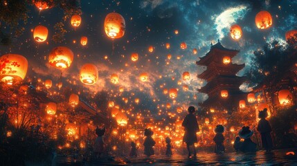 A group of mischievous yokai playing among Japanese lanterns at a festival, the vibrant colors and intricate patterns of their surroundings creating a lively scene 