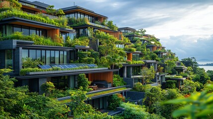 Modern green building with lush vegetation on the roof and balconies.