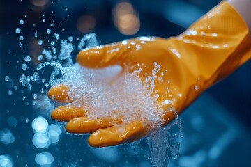 Yellow Rubber Glove With Water Drops And Soap Foam