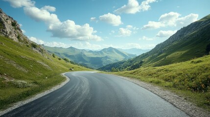 Naklejka premium A winding asphalt road with green mountains on either side, under a bright sky and scattered clouds on a sunny afternoon.