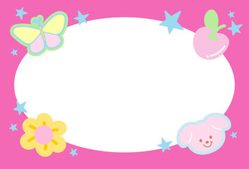 Cute pink frame with puppy, butterfly, flower, cherry for polaroid frame, animal, social media, post card, rectangle ad template, book cover, sticky note, banner, name tag, dog cartoon, pet school