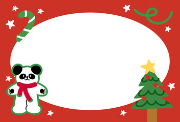 Christmas and New Year red frame with panda, red scarf, Christmas tree, candy cane, star for festive decoration, polaroid frame, banner, backdrop, winter season, animal, zoo, souvenir shop, post card