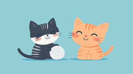 Fototapeta premium A cute 2D kitten frolics with a yarn ball in this charming, modern flat illustration, perfect for any cat lover.