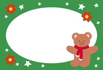 Christmas and New Year red frame with teddy bear, red scarf, star, flower for festive decoration, polaroid frame, banner, backdrop, winter season, animal, zoo, souvenir shop, post card, costume, print