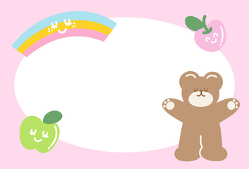 Cute pink frame with teddy bear, apple, cherry, rainbow for polaroid frame, animal, zoo, social media, poster, post card, rectangle ad template, book cover, sticky note, paper design, banner, name tag