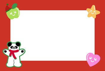 Christmas and New Year red frame with panda, red scarf, apple, heart for festive decoration, polaroid frame, banner, backdrop, winter season, animal, zoo, souvenir shop, post card, Christmas card