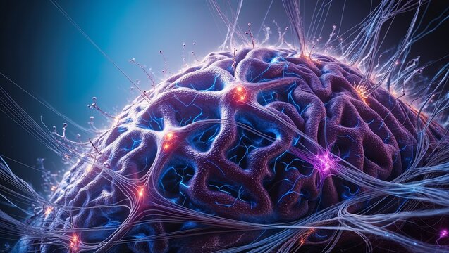 A vibrant image of a brain with glowing synapses represents artificial intelligence and neural networks.