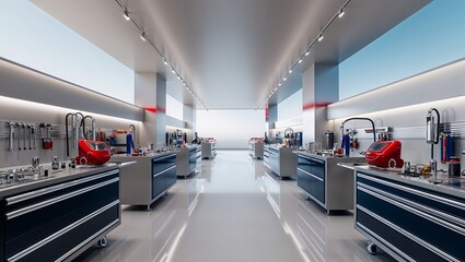 A futuristic workshop lined with sleek metal tools and decor, showcasing an ultra-modern aesthetic.