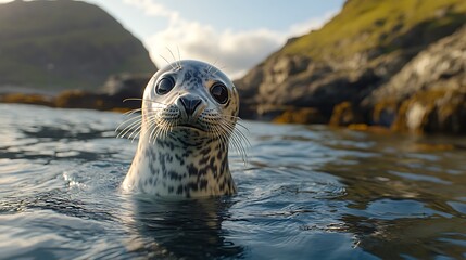 Grey seal with sparkling eyes quietly watches the world from the Scottish coast