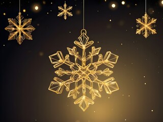 abstract light glow wireframe Hanging gold snowflake in low poly on bokeh background