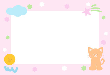 Cute pink frame with cat, stars, cloud for polaroid frame, animal, pet shop, vet, social media, post card, rectangle template, sticky note, banner, name tag, spring, summer, blossom, kitten cartoon