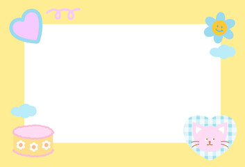 Cute yellow frame with cat, heart, cake, flower for polaroid frame, animal, pet shop, social media, post card, rectangle ad template, sticky note, banner, name tag, kitten cartoon, sweet dessert
