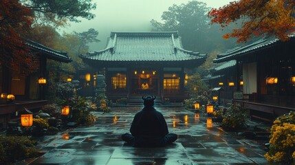 A masked yokai watching over a Japanese tea house at night, the soft glow of lanterns illuminating the scene in a traditional art style 