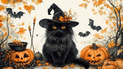 Halloween cat in witch hat with bats flying over atomium forest background