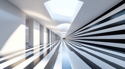 Fototapeta premium Striking black and white striped hallway with an overhead skylight in a modern building