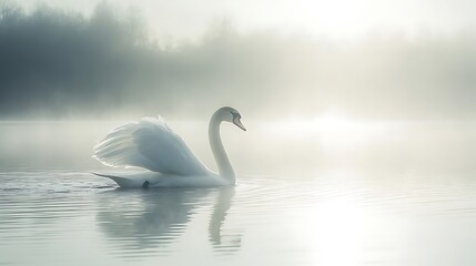 Fototapeta premium In the misty morning a white swan floats gracefully on the tranquil lake