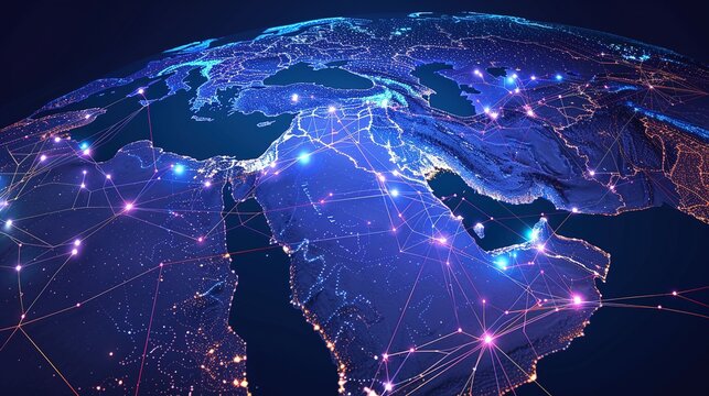 Global Data Transfer Concept: Abstract Network Map of Saudi Arabia Connecting the Middle East and North Africa - Digital Illustration