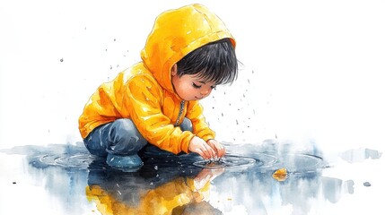 A minimal cartoon of a child crouching to play in a puddle under the rain, in watercolor on a clean white background 