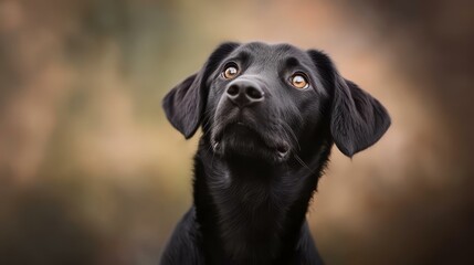 A curious black dog looks up at the camera with bright eyes, perfectly framed against a soft, blurred backdrop.