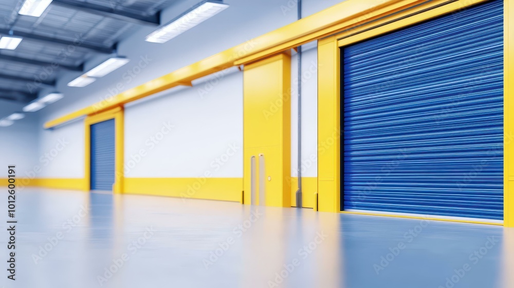 Canvas Prints An empty warehouse features striking blue and yellow doors, set against a softfocus backdrop that enhances the colors.