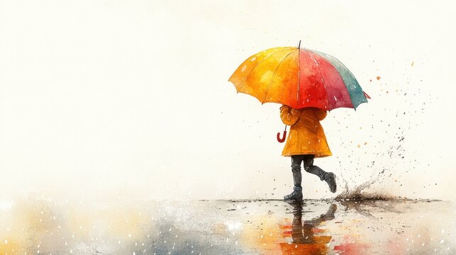 A minimal cartoon of a child jumping in a puddle with a colorful umbrella, raindrops falling softly in watercolor on a textured parchment backdrop 