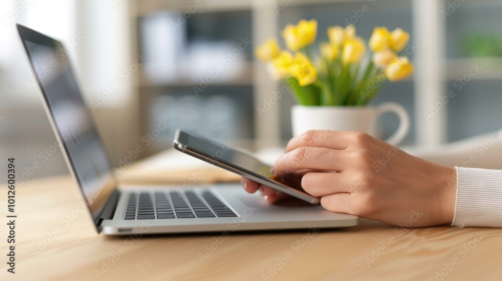 Poster Hands expertly navigate a smartphone and laptop in a bright office, showcasing the art of multitasking with ease.