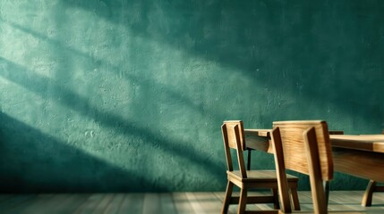 A bright classroom filled with wooden desks, cheerful sunlight streaming in, symbolizing a vibrant learning environment.