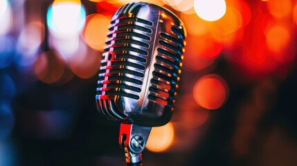 A vintage mic shines in focus, with a blurred backdrop, evoking the vibe of classic music and...