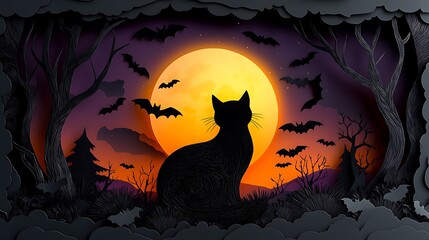 A black cat with its back arched under a full moon, paper-cut style, glowing moon casting soft light on the cat, bats swirling around the sky, twisted trees nearby,